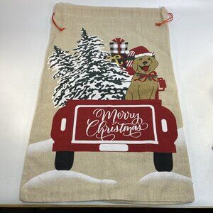 Merry Christmas Burlap Gift Bag Dog Tree Red Truck Large 26x16 in Holiday